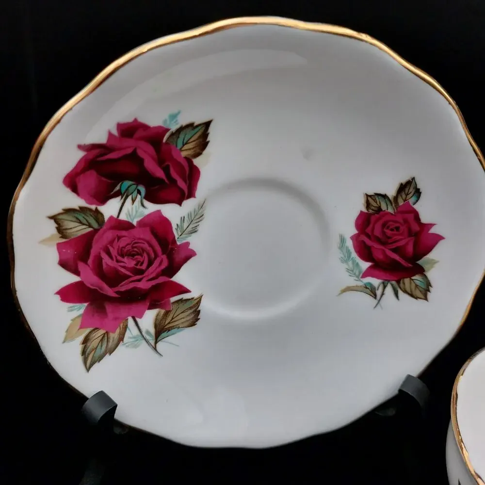 Vintage Royal Vale Teacup Saucer Set Red Rose Bone China Gold Trim England Fine